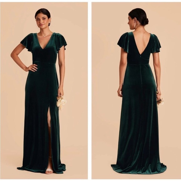 Birdy Grey Hannah Velvet Gown Dress Emerald Green Double V neck Flutter Sleeve - Picture 12 of 13